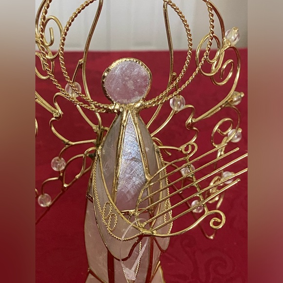 Vintage Capiz Shell Christmas Angel with Wings Playing Harp Gold Metal Crystals - Picture 5 of 16